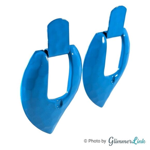 Vintage 80s Blue Hammered Enamel Door Knocker Pierced Earrings - Picture 2 of 7